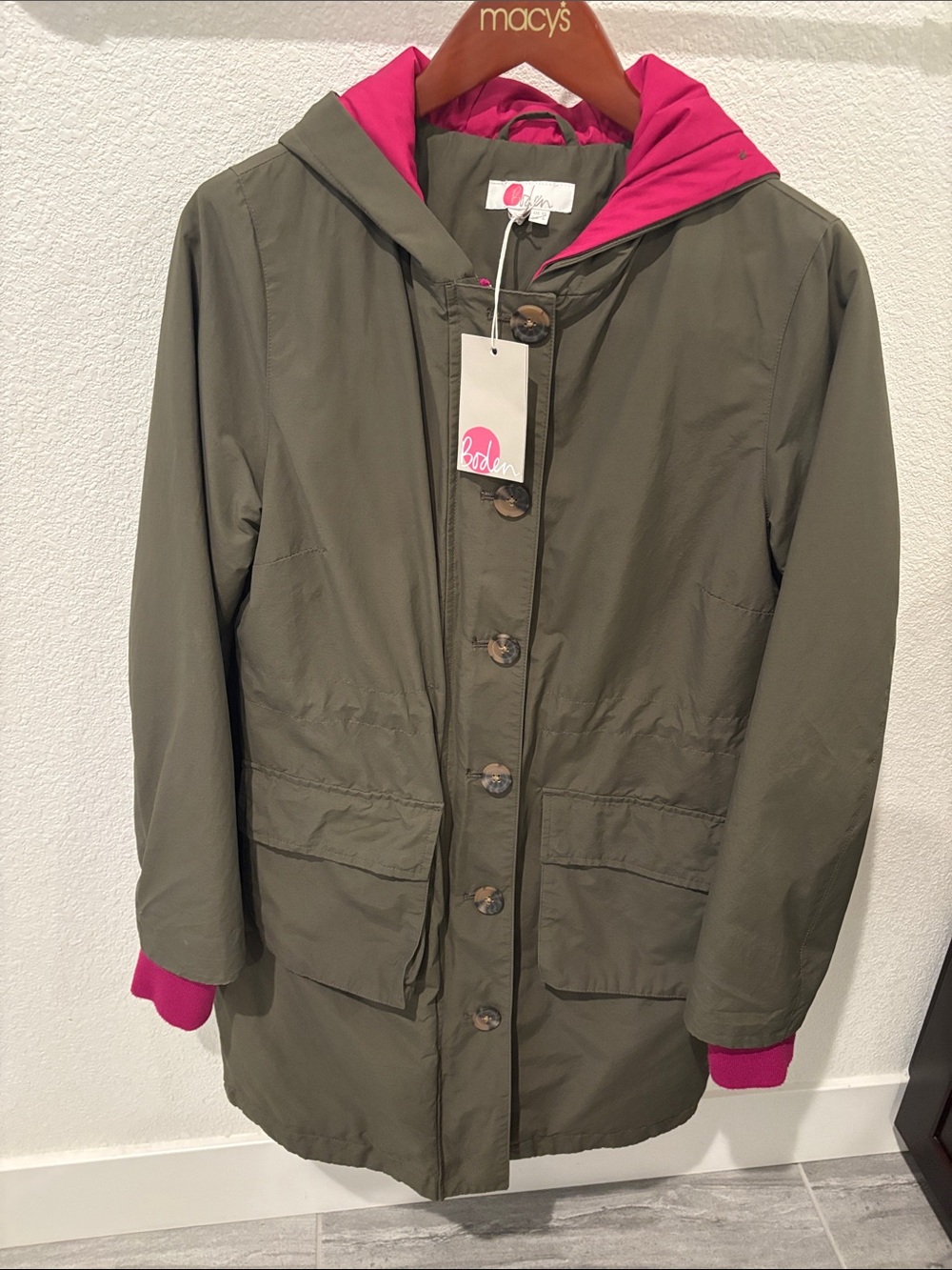Boden Olive Raincoat with Pink Hood Lining